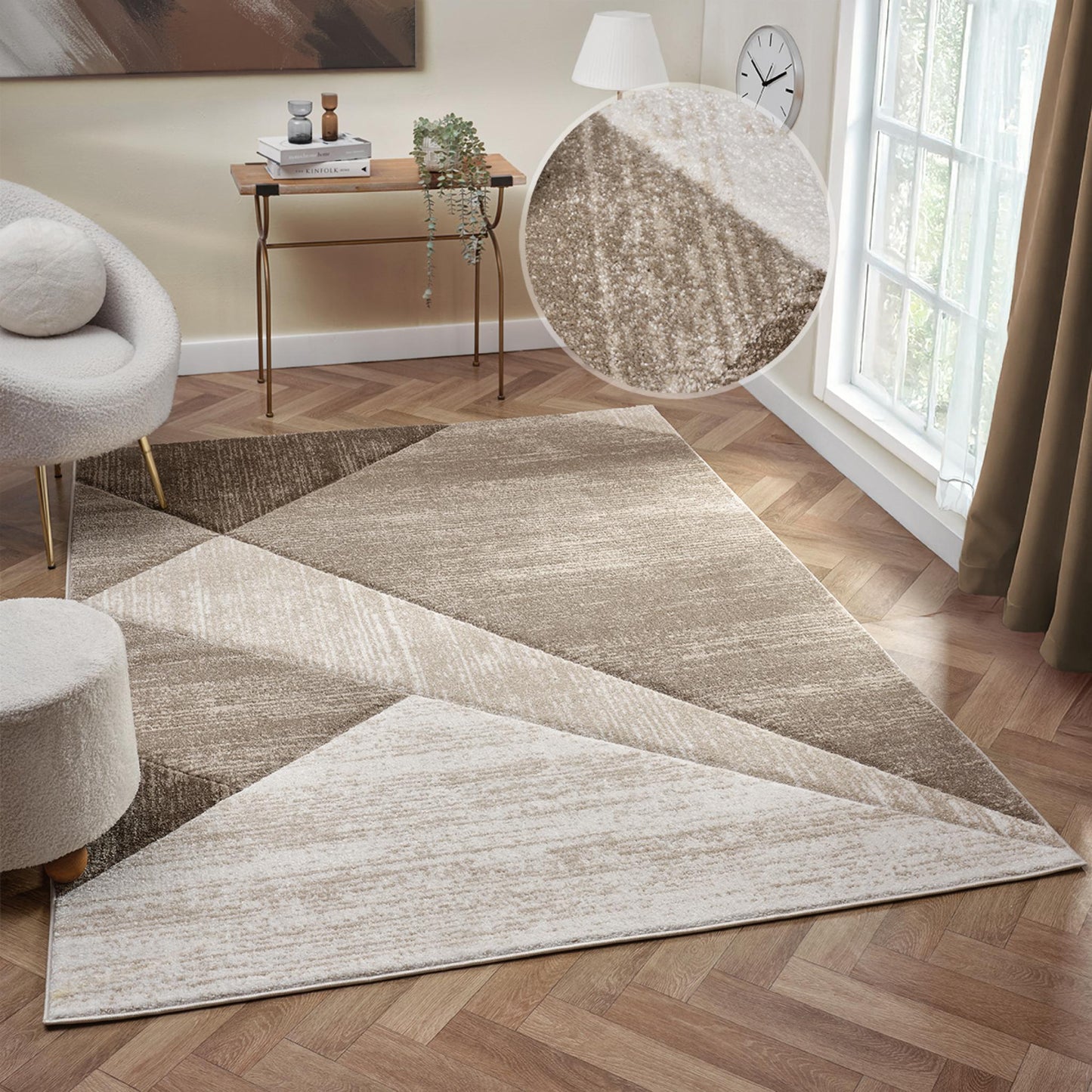 Orbit Tundra Geometric 3D Carved Beige Rug – Modern Soft Textured Polyester Carpet for Living Room, Bedroom, and Hallway