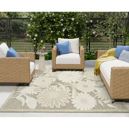 Aloha ALH33 Contemporary Daisy Ivory Sage Green Indoor & Outdoor Area Rug