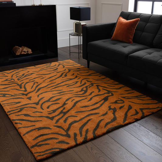 Wilder Tiger Spice Orange Animal Inspired Rug – Modern Soft Textured Polyester Carpet