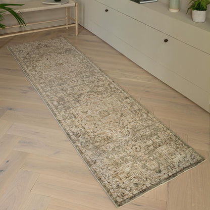 Heriz HE02 Serapi Green Traditional Medallion Vintage Rug – Modern Textured Polyester Carpet for Living Room, Bedroom, and Hallway