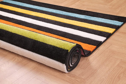 Hand-Carved Geometric Multi-Coloured Rug – Stilo Multi – Vibrant Striped Statement Rug for Living Room or Bedroom