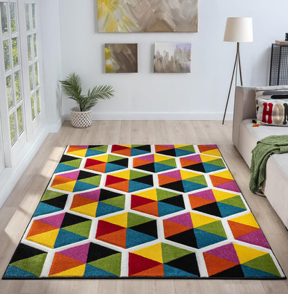 Hand-Carved Geometric Multi-Coloured Rug – Sanibel Multi – 3D Hexagon Block Rug for Living Room or Bedroom