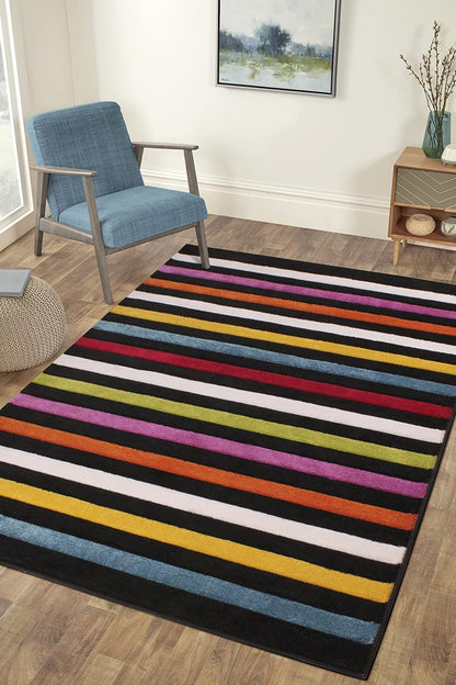 Hand-Carved Geometric Multi-Coloured Rug – Stilo Multi – Vibrant Striped Statement Rug for Living Room or Bedroom
