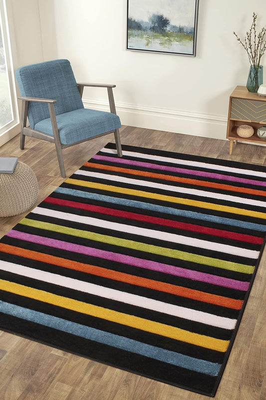 Hand-Carved Geometric Multi-Coloured Rug – Stilo Multi – Vibrant Striped Statement Rug for Living Room or Bedroom