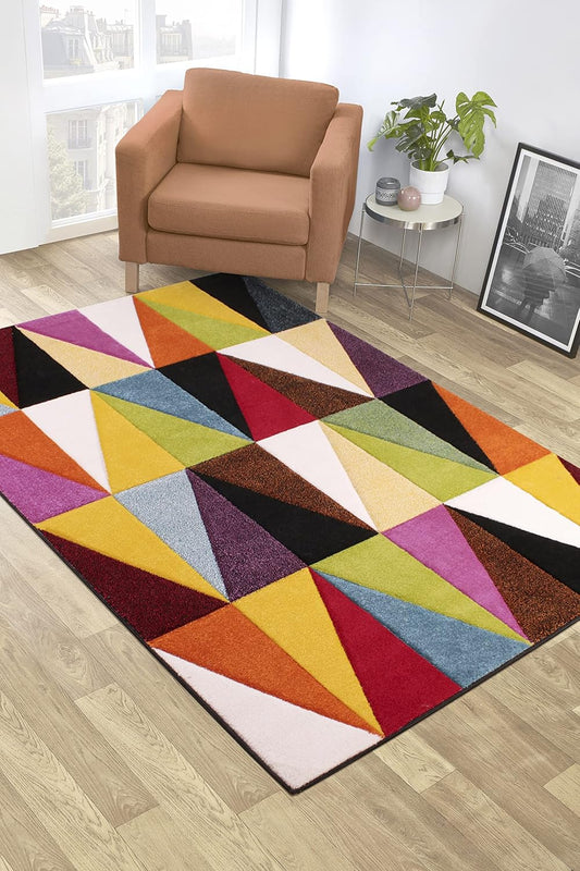 Hand-Carved Geometric Multi-Coloured Rug – Tampa Multi – Medium Triangle Design Rug for Living Room or Bedroom