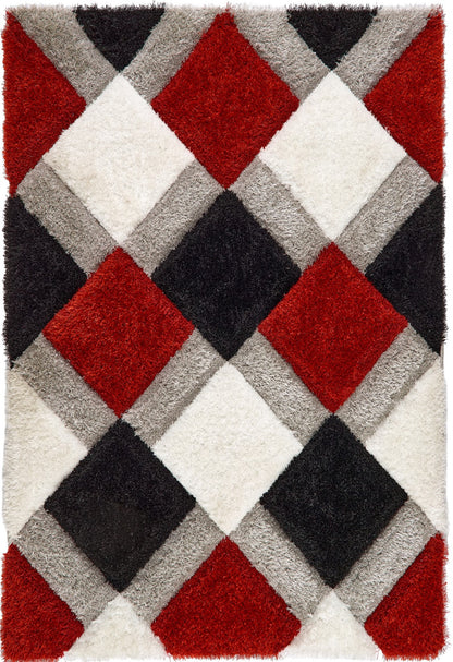 Origins 3D GEO Soft Silky Shaggy Modern Diamond Rug in Red