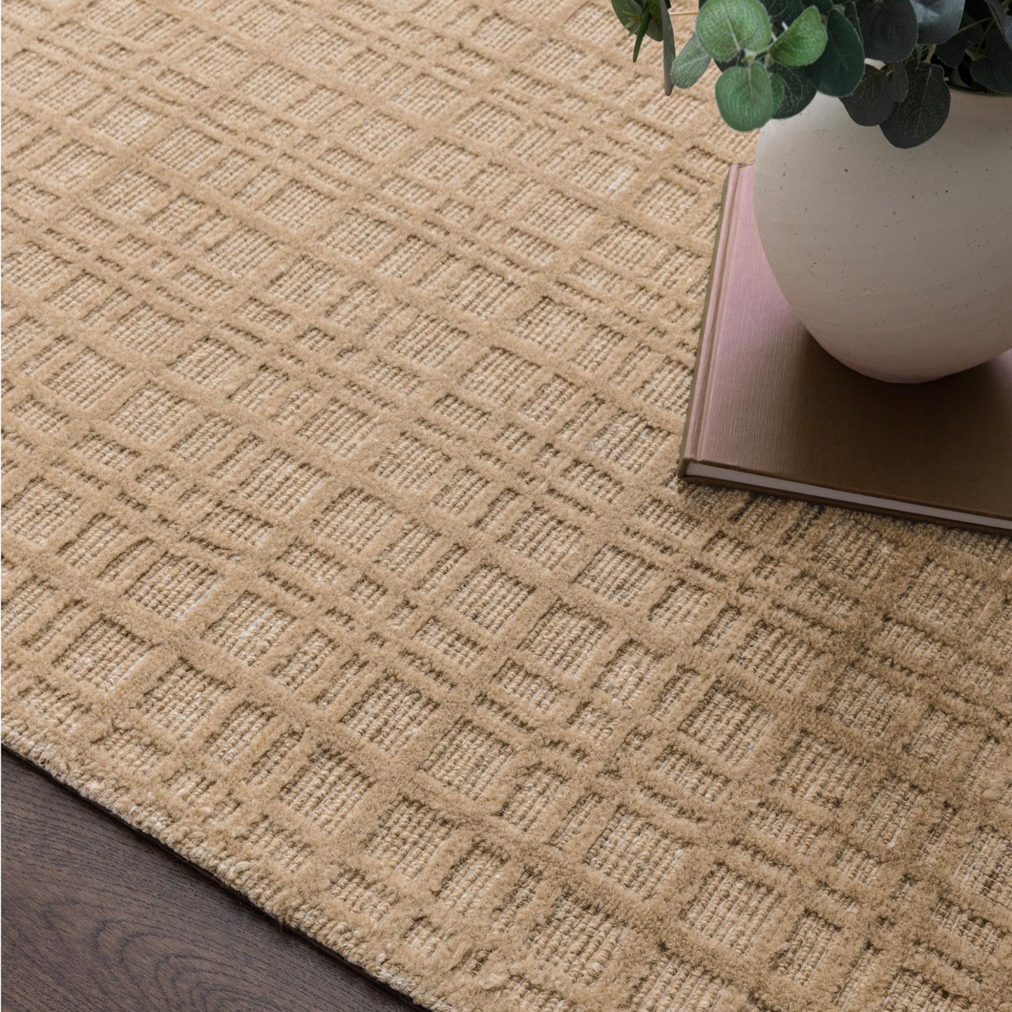 Thatch Honey Beige Handwoven Wool Rug – Neutral Checked Pattern in Undyed Wool Blend