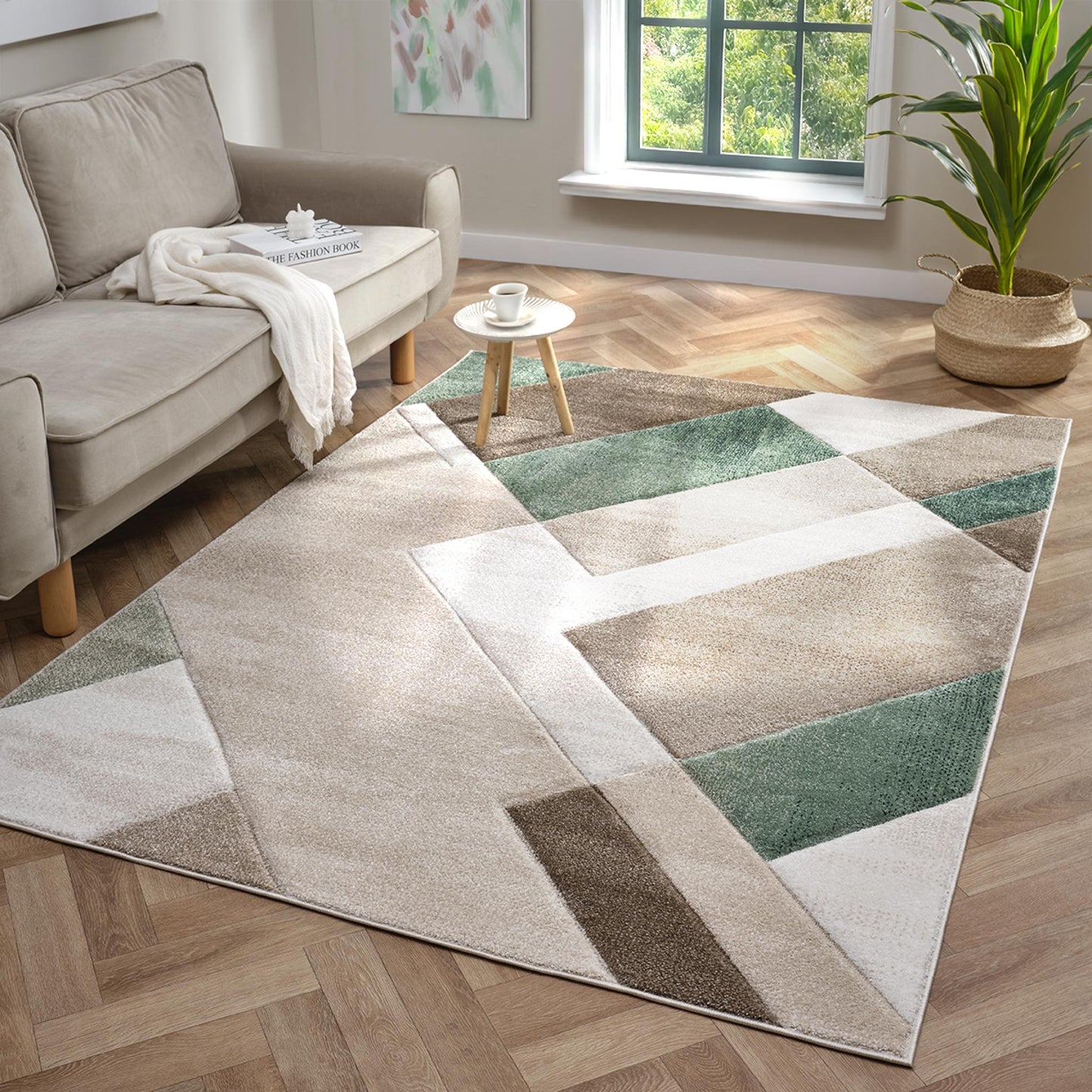 Orbit Skadi Geometric 3D Carved Beige Green Rug – Modern Soft Textured Polyester Carpet for Living Room, Bedroom, and Hallway