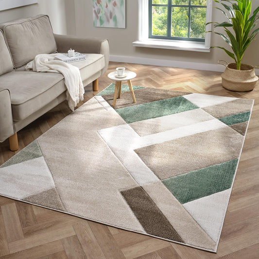 Orbit Skadi Geometric 3D Carved Beige Green Rug – Modern Soft Textured Polyester Carpet for Living Room, Bedroom, and Hallway