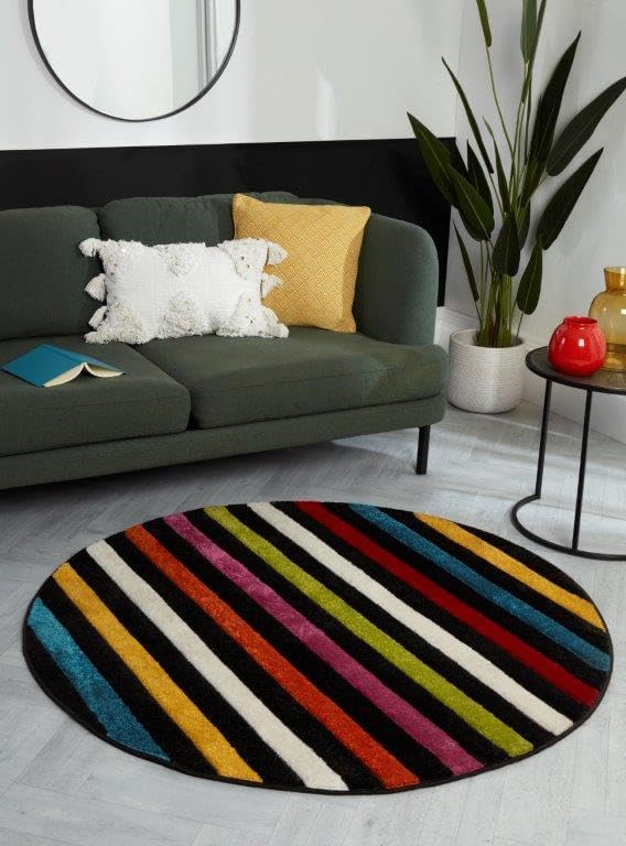 Hand-Carved Geometric Multi-Coloured Rug – Stilo Multi – Vibrant Striped Statement Rug for Living Room or Bedroom