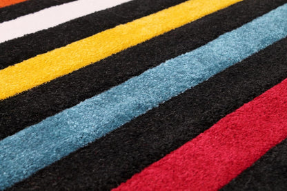Hand-Carved Geometric Multi-Coloured Rug – Stilo Multi – Vibrant Striped Statement Rug for Living Room or Bedroom