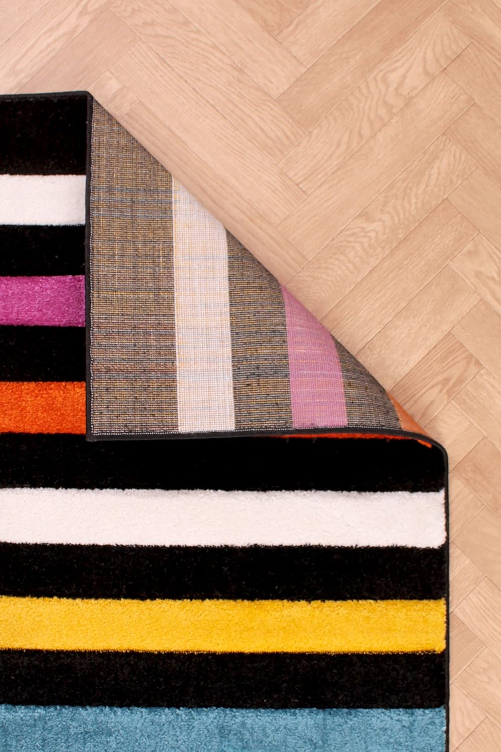 Hand-Carved Geometric Multi-Coloured Rug – Stilo Multi – Vibrant Striped Statement Rug for Living Room or Bedroom