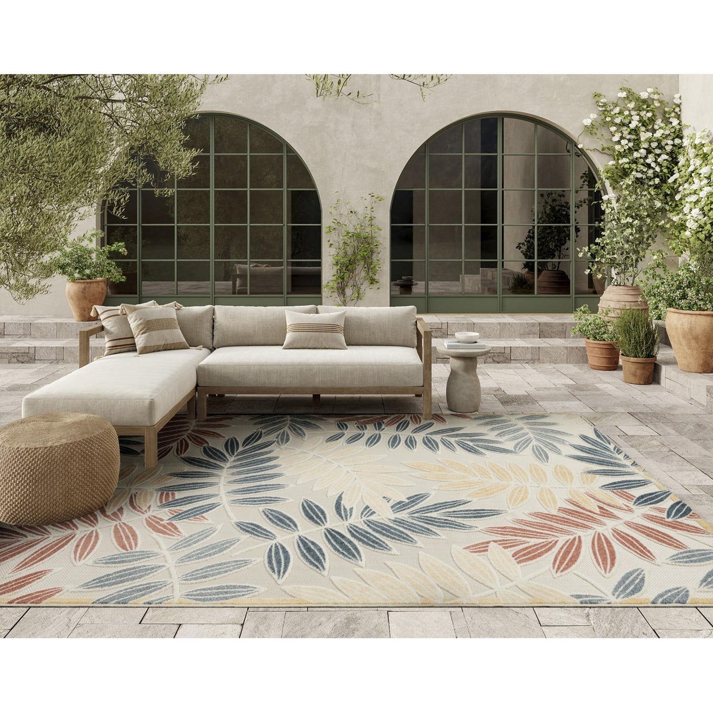 Aloha ALH18 Tropical Oversized Leaf Ivory Multi Indoor & Outdoor Area Rug