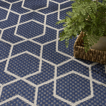 Horizon HOZ01 Modern Geometric Classic Trellis Navy Blue Indoor & Outdoor Flatweave Rug
