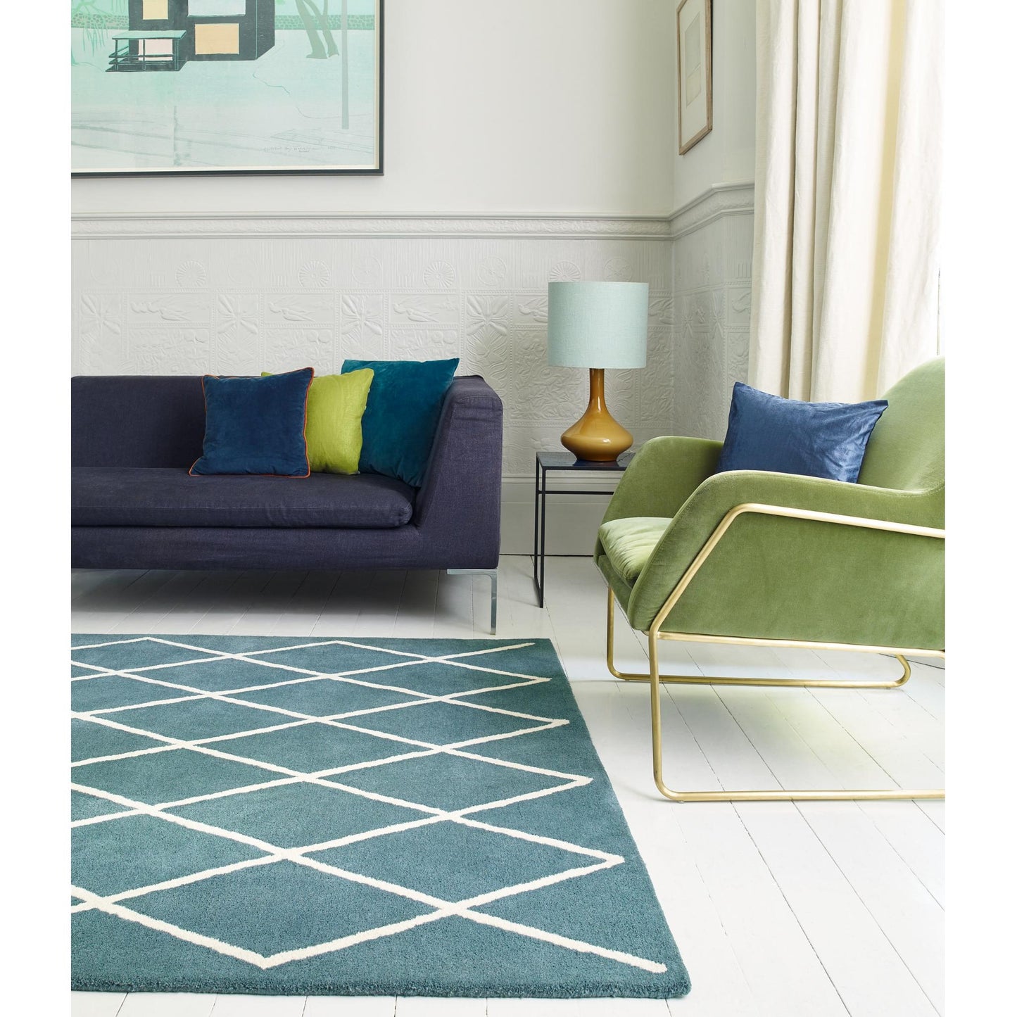 Albany Diamond Silver Teal – Bold Geometric Intrigue and Natural Wool Luxury