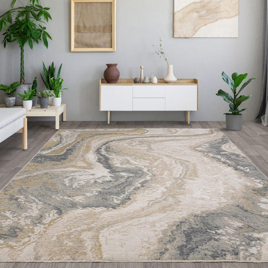 Seville 06 Oro Kurzflor Teppich Modern Abstrakt Soft Touch Seidiger Teppich in Beige Natur