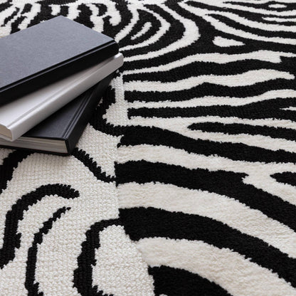 Wilder Zebra Mono Animal Inspired Black & White Rug – Modern Soft Textured Polyester Carpet
