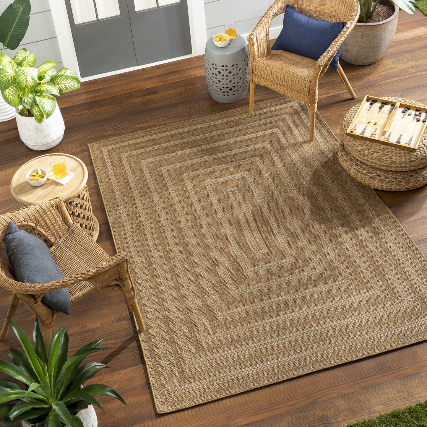 Pismo Beach PMB2305 Modern Geometric Brown Bordered Indoor & Outdoor Flatweave Rug