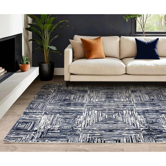 Kuza Portrait Rug – Navy Blue –  Elegant Textured High-Low Pile Carpet