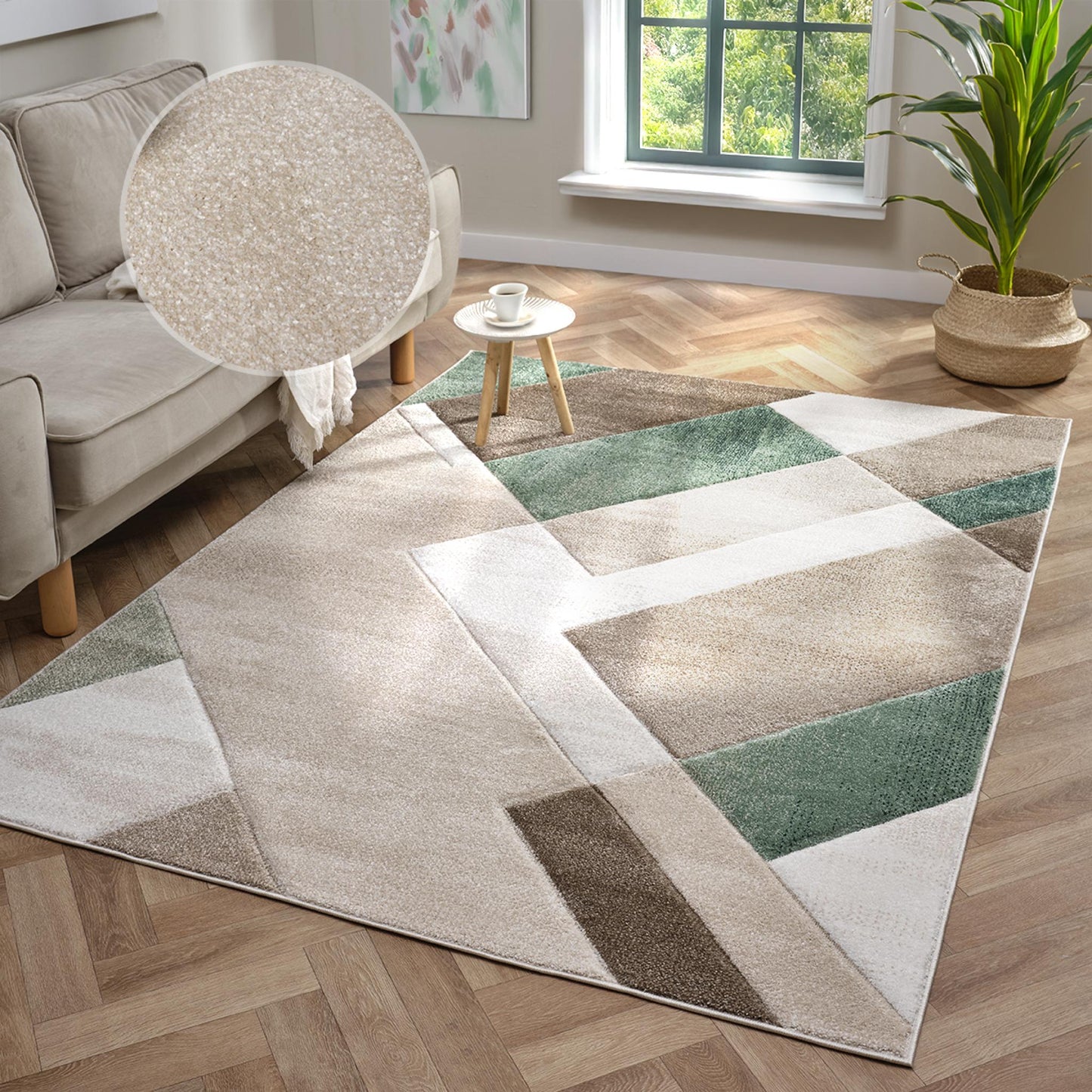 Orbit Skadi Geometric 3D Carved Beige Green Rug – Modern Soft Textured Polyester Carpet for Living Room, Bedroom, and Hallway