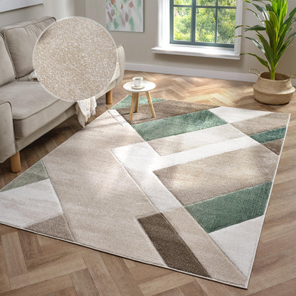 Orbit Skadi Geometric 3D Carved Beige Green Rug – Modern Soft Textured Polyester Carpet for Living Room, Bedroom, and Hallway