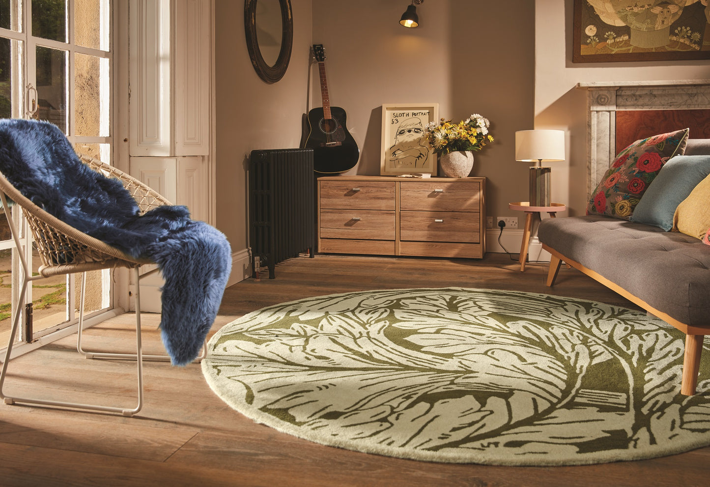 Heritage Floral 2 Pure Wool Damask Hand Tufted Round Rug in Moss Green