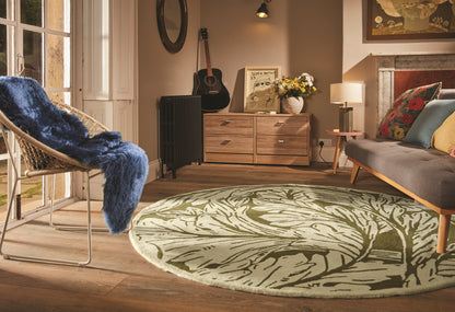 Heritage Floral 2 Pure Wool Damask Hand Tufted Round Rug in Moss Green