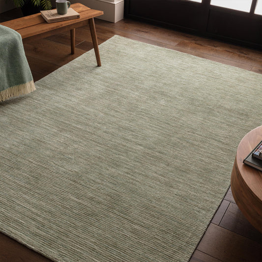 Hazy Pistachio Green Handwoven Rug – Tip-Sheared Finish Soft Wool Blend Plain Striped Carpet for Modern Interiors