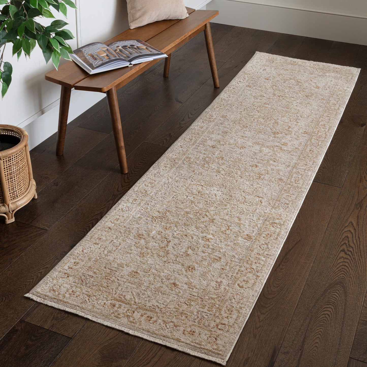 Heriz HE01 Serapi Beige Traditional Medallion Vintage Rug – Modern Textured Polyester Carpet for Living Room, Bedroom, and Hallway