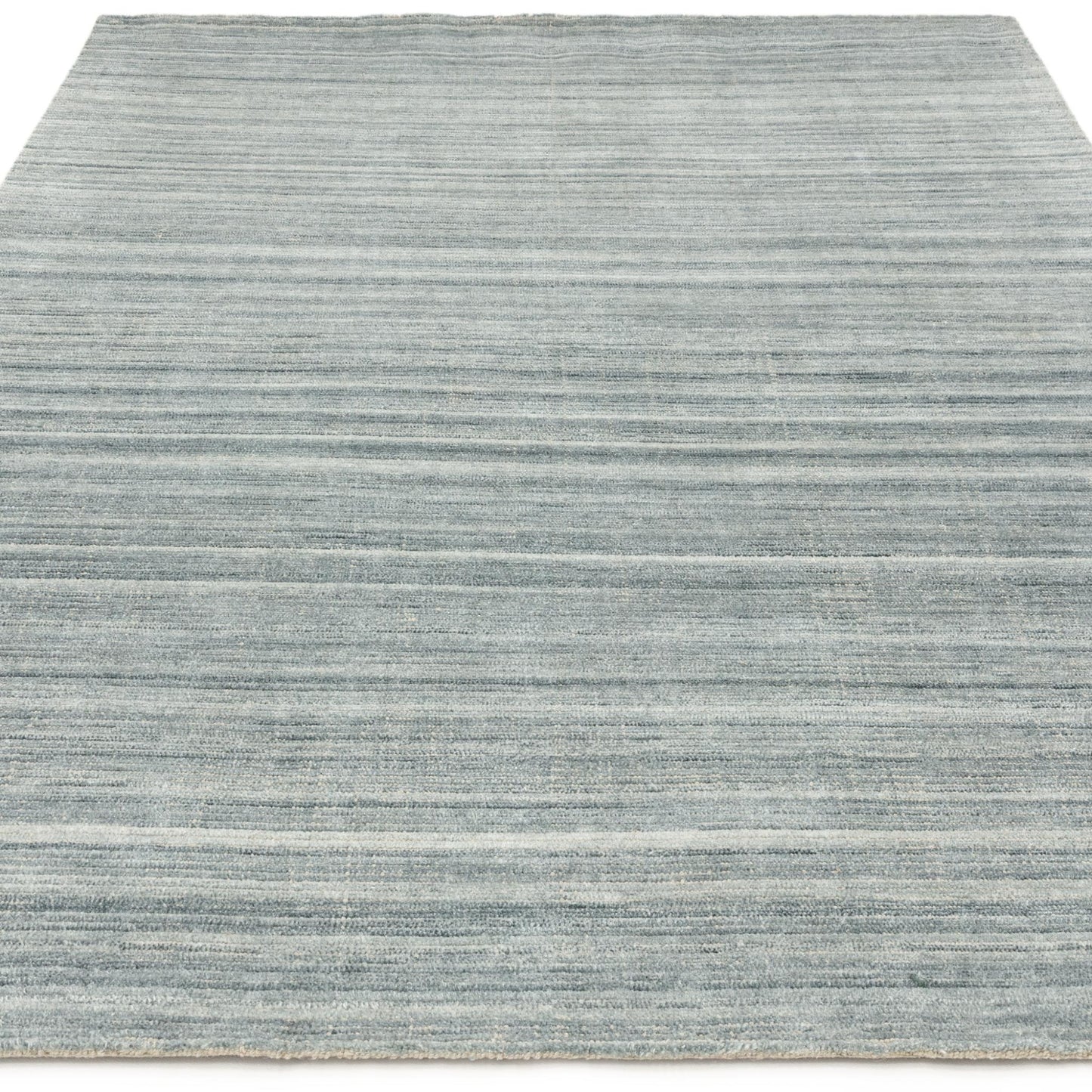 Hazy Sea Blue Handwoven Rug – Tip-Sheared Finish Soft Wool Blend Plain Striped Carpet for Modern Interiors