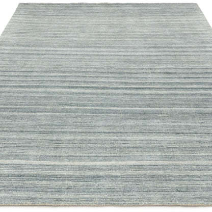Hazy Sea Blue Handwoven Rug – Tip-Sheared Finish Soft Wool Blend Plain Striped Carpet for Modern Interiors