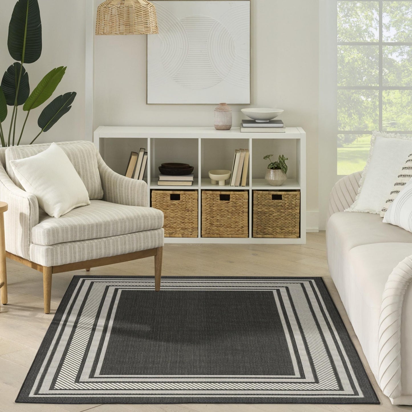 Horizon HOZ03 Modern Bordered Charcoal Black Indoor & Outdoor Flatweave Rug