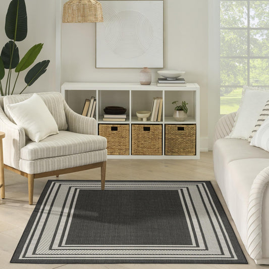 Horizon HOZ03 Modern Bordered Charcoal Black Indoor & Outdoor Flatweave Rug
