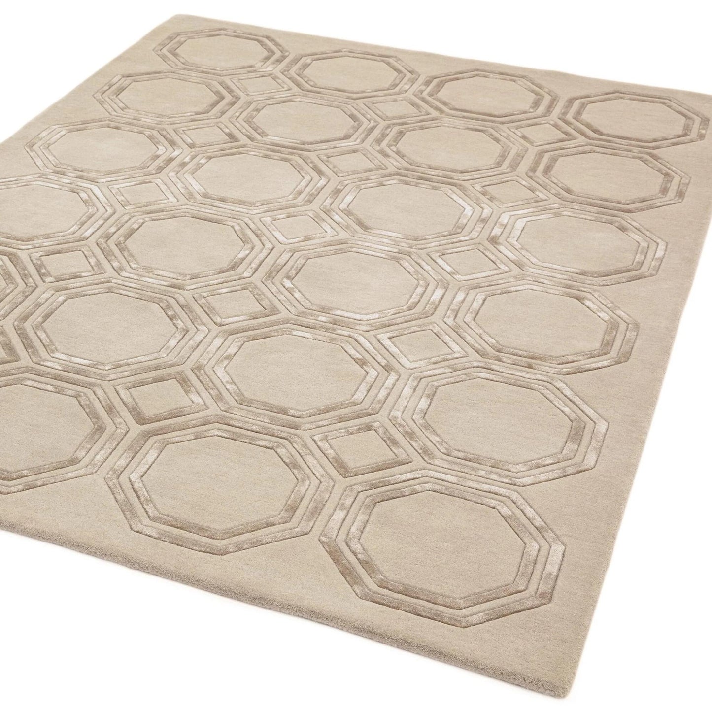 Nexus Octagon Beige Wool Viscose Hand Carved Geometric Rug – Luxurious Modern Elegance