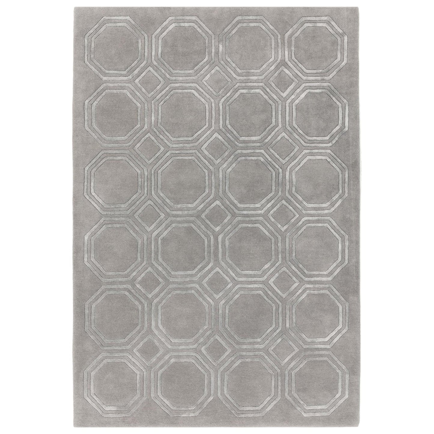 Nexus Octagon Silver Wool Viscose Hand Carved Geometric Rug – Luxurious Silver Grey Elegance