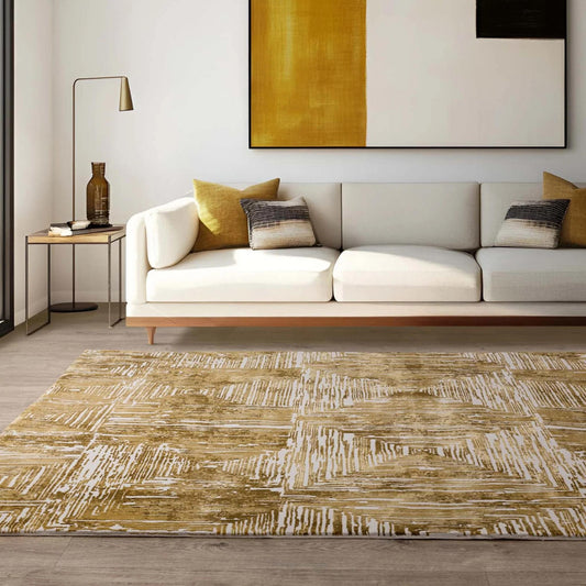 Kuza Portrait Rug – Gold –  Elegant Textured High-Low Pile Carpet