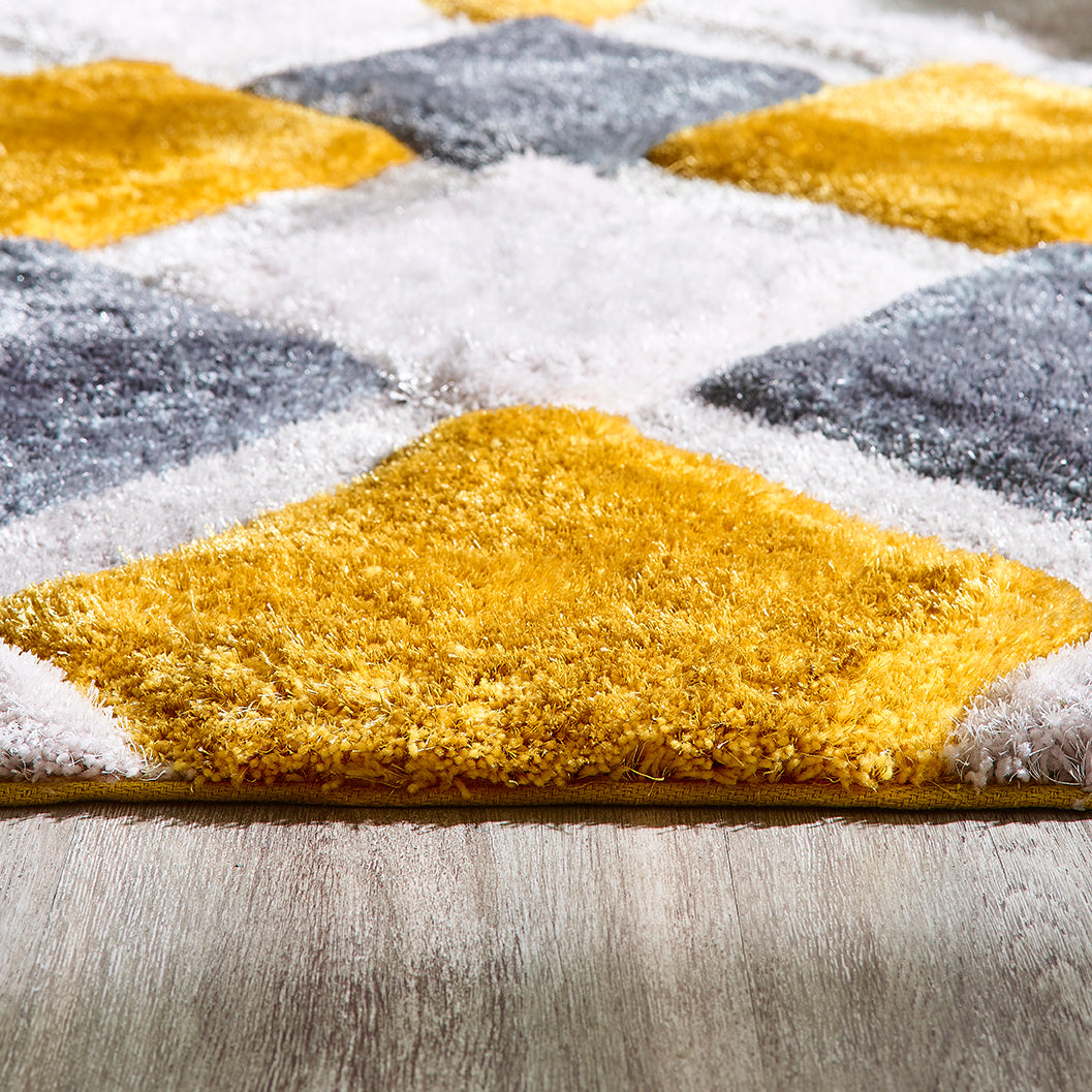 Origins 3D GEO Soft Silky Shaggy Modern Diamond Rug in Ochre Yellow Grey