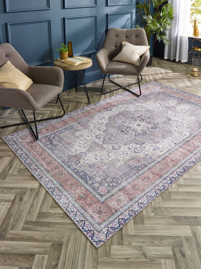 Origins Waschbarer Croft Traditional Medallion Weicher Chenille-Teppich in Blau-Rost-Multi