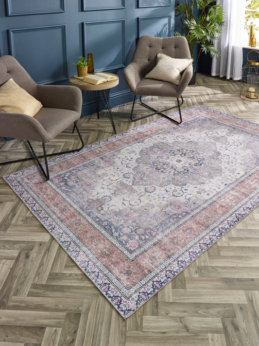 Origins Waschbarer Croft Traditional Medallion Weicher Chenille-Teppich in Blau-Rost-Multi