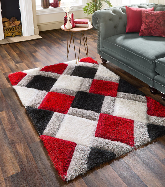 Origins 3D GEO Soft Silky Shaggy Modern Diamond Rug in Red