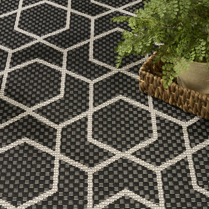 Horizon HOZ01 Modern Geometric Classic Trellis Black & Ivory Indoor & Outdoor Flatweave Rug