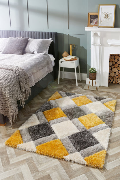 Origins 3D GEO Soft Silky Shaggy Modern Diamond Rug in Ochre Yellow Grey