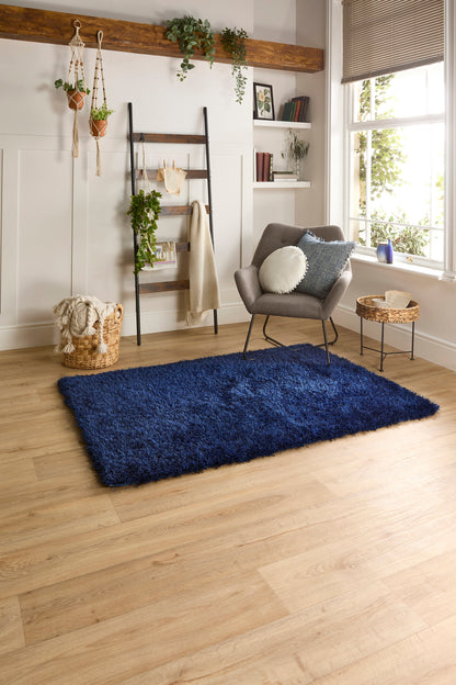 Chicago Shaggy Modern Plain Rug Hallway Runner in Indigo Blue