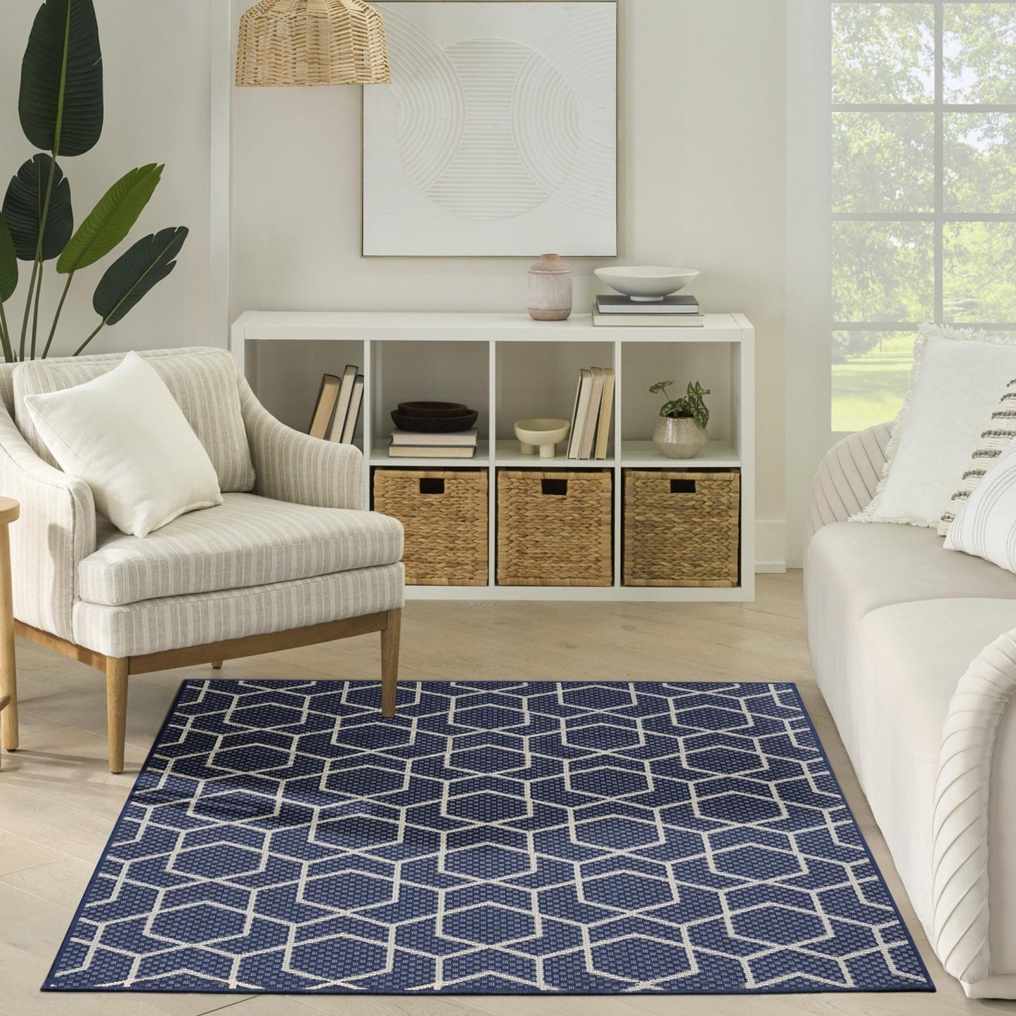 Horizon HOZ01 Modern Geometric Classic Trellis Navy Blue Indoor & Outdoor Flatweave Rug