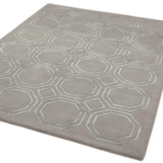 Nexus Octagon Silver Wool Viscose Hand Carved Geometric Rug – Luxurious Silver Grey Elegance