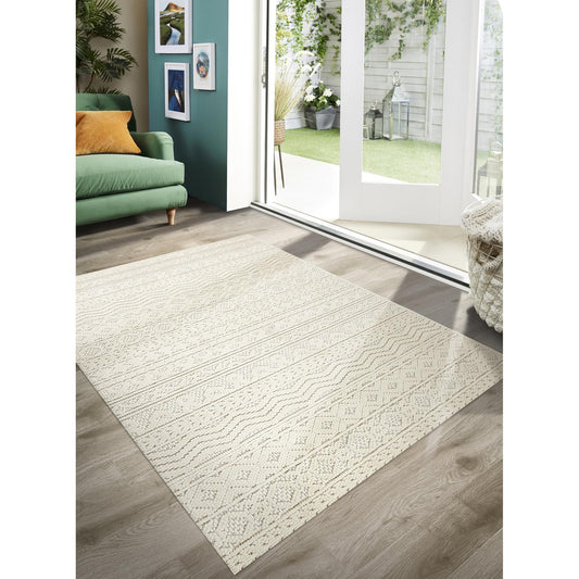 Atlas Graphic Tribal Geometric Teppich – Creme – Flachgewebe-Teppich für drinnen und draußen, strapazierfähig