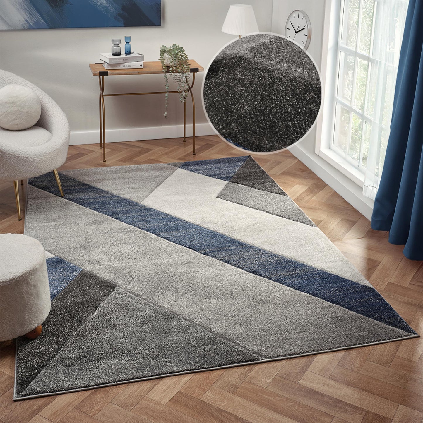 Orbit Artkis Geometric 3D Carved Grey Blue Rug – Modern Soft Textured Polyester Carpet for Living Room, Bedroom, and Hallway