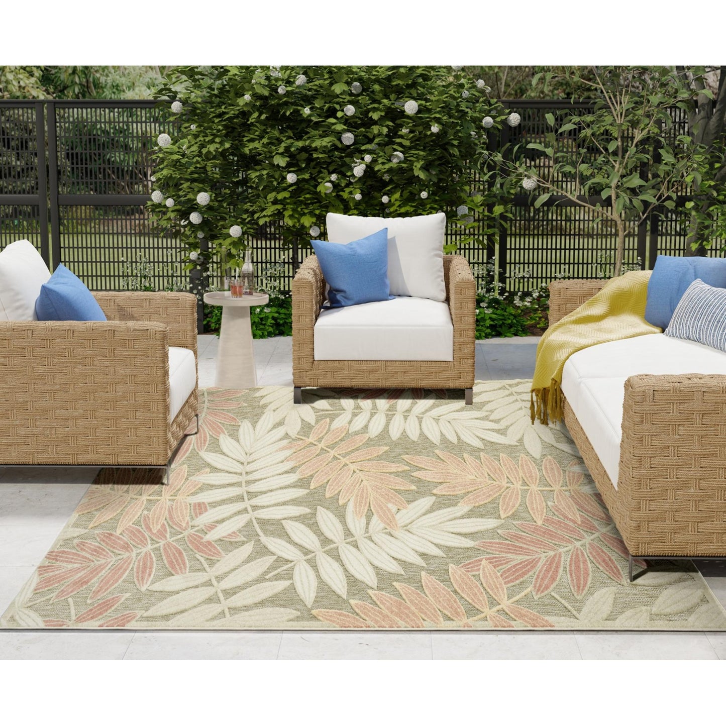Aloha ALH18 Tropical Botanical Sage Green Rose Indoor & Outdoor Area Rug