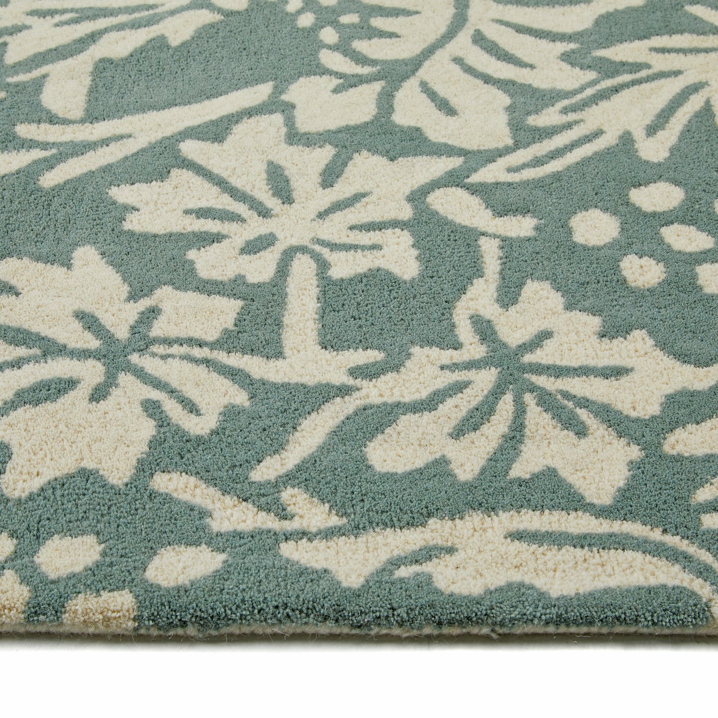 Heritage 1 Floral Pure Wool Damask Hand Tufted Rug in Soft Teal Green