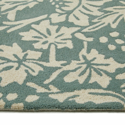 Heritage 1 Floral Pure Wool Damask Hand Tufted Rug in Soft Teal Green